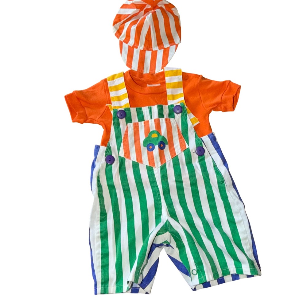 Vintage 90s Baby 3 Pc Set 0-6M‎ Primary Colorful Striped Overalls Shirt Hat Car